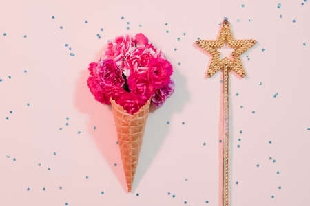 Daughter birthday greeting card. Abstract floral ice cream with magenta carnation flowers and golden...