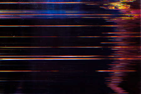 Glitch overlay. Display damage. Glowing stripes dust on dark background.の写真素材