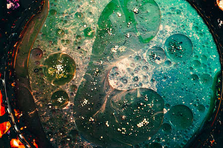 Abstract art background. Teal green and blue wet paint with white bubbles. Planet surface effect.