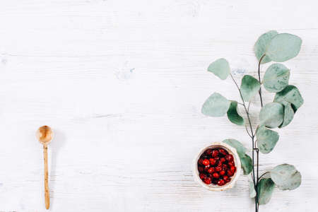 White rustic background. Red dried fruit, wooden cooking spoon, green sprig.の写真素材