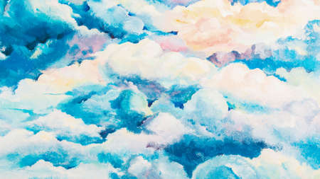 Creative artwork. Decorative pattern. White clouds blue sky painting background.の写真素材