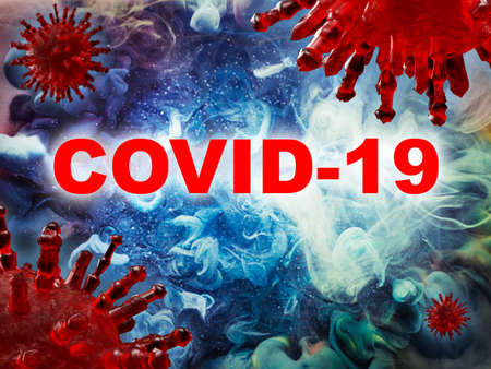 COVID-19 outbreak. World epidemic hazard. Microscope red virus microbes on blue abstract background.の写真素材