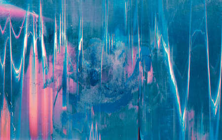 Color glitch background. Defect texture. Blue pink white noise on dirty scratched screen.の写真素材
