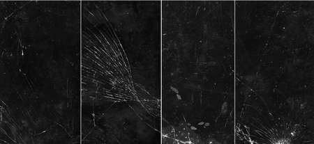 Set of 4 broken templates. Crashed screen. Damaged smartphone display texture overlay effect.