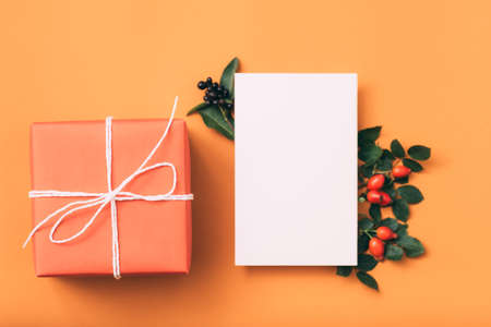 Holidays greeting. White blank paper. Gift box. Rose hip decor. Orange background.の写真素材