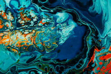 Acrylic ink water. Marble texture. Blue yellow bubble fluid blend with streak vein sparkles grain...