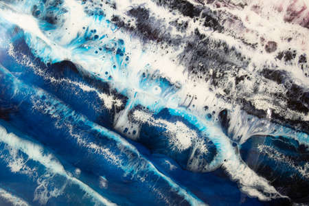 Marble texture. Alcohol ink water. Blue brown sea wave splash with white bubble foam. Colorful rock...