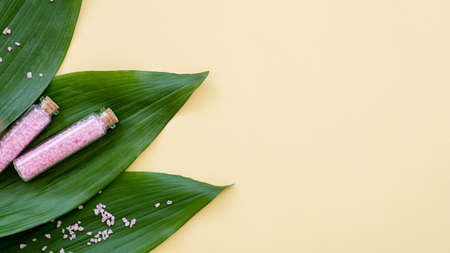 Spa therapy. Natural cosmetics. Pink sea salt in bottles with green leaves composition isolated on...