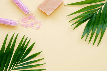Spa salon. Aromatherapy bodycare. Pink organic soap bar sea salt crystals scattered from bottles with exotic green leaves composition isolated on pastel peach copy space background. Natural cosmetics.の写真素材