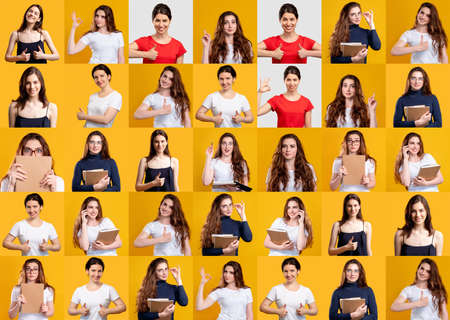 Portrait collage. Female lifestyle. Montage collection of smart ambitious positive women group showing different gestures isolated on orange background. Success confidence.の写真素材