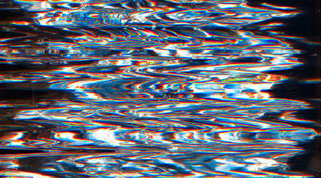 Glitch art. Damaged screen. Blue white digital distortion noise on black abstract background.