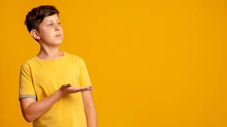 Perfect solution. Kid choice. Special offer. Information banner. Confident young boy in yellow t-shirt presenting invisible product showing copy space with open palm isolated on orange background.の写真素材