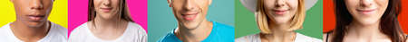 Face collage. Racial tolerance. Cropped portrait colorful mosaic row montage of african guy with...