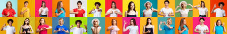 Portrait collage. Approval gesture. Mosaic row montage of cheerful grateful happy diverse multiethnic people group in colorful t-shirts showing admiration isolated on bright background.の写真素材