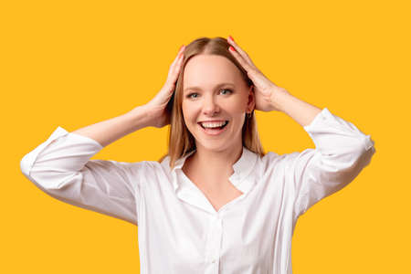 Amazed woman portrait. Exciting opportunity. Wow great. Mind blown. Surprised impressed cheerful...