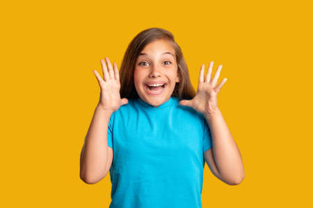 Impressed child. Perfect surprise. Exciting news. Wow reaction. Portrait of happy amazed astonished...