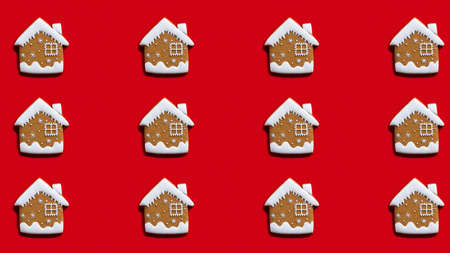 Winter house pattern. Red seamless background. Christmas decor. Beige white adornment creative...
