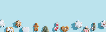 Blue New Year advertising background. Festive decor. Winter holidays traditional bakery food....