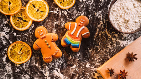 Christmas bakery. Gingerbread man. cookies. Traditional pastry. Homemade biscuits. Figured icing...