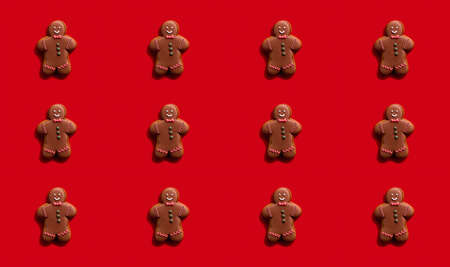 Red food art background. Festive seamless pattern. Homemade cookie collection. Brown chocolate happy...
