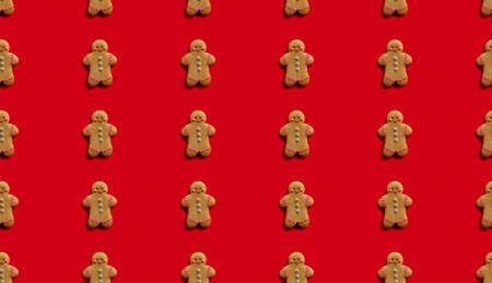 Red art background. Decorative seamless pattern. Homemade cookie collection. Beige gingerbread man...