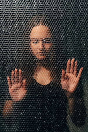 Desperate woman. Social pressure. Protection help. Textured art portrait of hurt depressed upset...