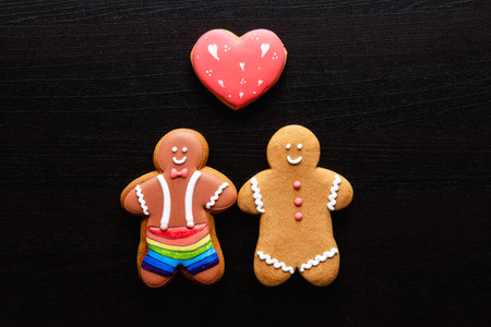 Gay love. Valentine Day. Conceptual background. Lgbt pride. Happy gingerbread man couple in rainbow shorts with red heart in love food art composition on black wooden texture copy space.の写真素材