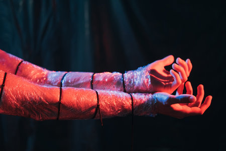 Drug addiction. Rehab therapy. Treatment support. Male junkie arms wrapped in polyethylene film secured with black plastic straps in red blue neon light on dark copy space background.の写真素材