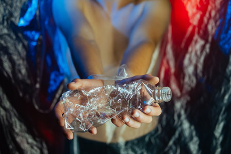 Plastic pollution. Ecology problem. Waste reduction. Environmental protection. Male tied hands holding used crushed bottle on blur wrinkled polyethylene film dark background with red blue neon light.の写真素材