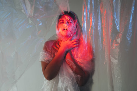 Shortness of breath. Defocused art portrait. Respiratory disorder. Woman suffering from gasp...