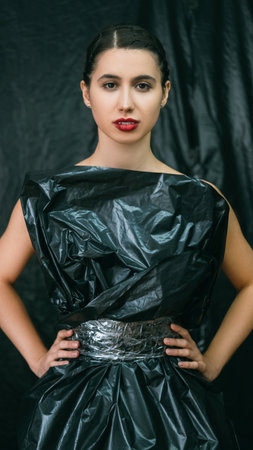 Plastic fashion. Waste recycling. Eco collection. Environmental protection. Confident woman with night makeup posing in black garbage bag dress isolated on dark wrinkled polyethylene background.の写真素材