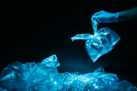 Waste reduction. Plastic pollution. Global warming. Save nature. Volunteer hand in blue glove...