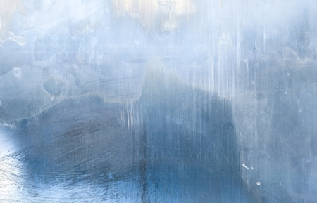 Distressed overlay. Weathered glass. Blue layer with white smeared stains dust scratches defect....