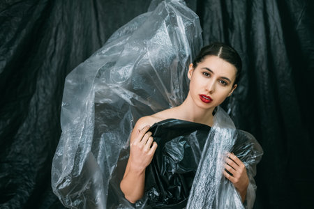 Fashion portrait. Aesthetic cosmetology. Plastic surgery. Female model with perfect face skin night makeup red lips posing in wrinkled polyethylene film dress white veil isolated on dark background.の写真素材