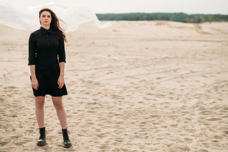 Powerful woman. Goal achievement. Success motivation. Nature landscape. Fashion portrait of confident strong brunette lady in black dress with flying away hair in wind standing on fall sandy beach.の写真素材