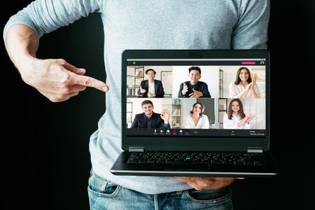 Elearning webinar. Video chat. Online education. Business coaching. Man presenting tutorial program...
