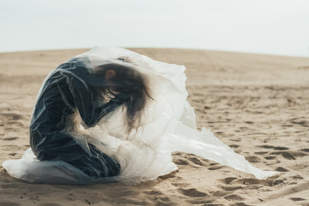 Female sorrow. Defocused silhouette. Isolation loneliness. Profile of depressed woman in black...