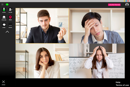 Virtual conference. Remote meeting. Business webinar. Group chat wfh. Angry male executive...