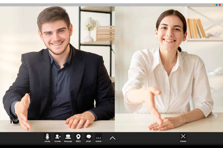 Web call. Virtual meeting. Distance cooperation. Business telecommuting. Cheerful business man...