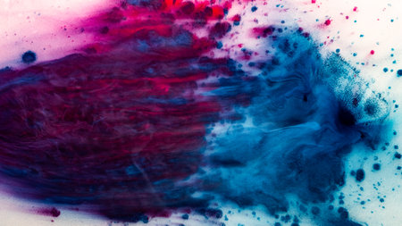 Ink splatter. Colorful art background. Grunge pattern. Vibrant blue magenta pink red watercolor abstract drip design on distressed light powder particles texture.の写真素材