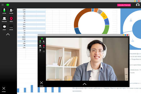 Video call. Online meeting. Business telecommuting wfh. Digital office. Cheerful satisfied Asian male CEO in wireless headphones listening statistics report on charts graphs on screen.の写真素材