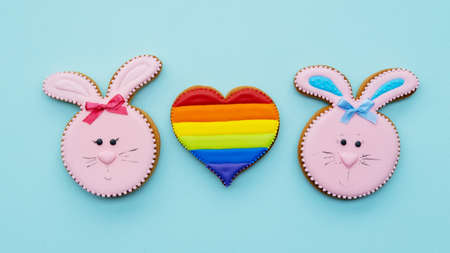 Lgbt pride. Gay love. Individuality freedom. Bakery food ornament. Pink gingerbread happy rabbit...