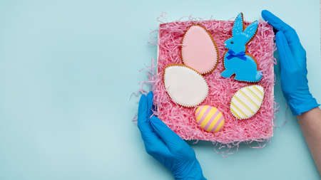 Pandemic Easter. Festive gift. Bakery food decoration. Pastel color gingerbread biscuit bunny egg set in box with pink straw in hands in gloves isolated on blue copy space background.の写真素材