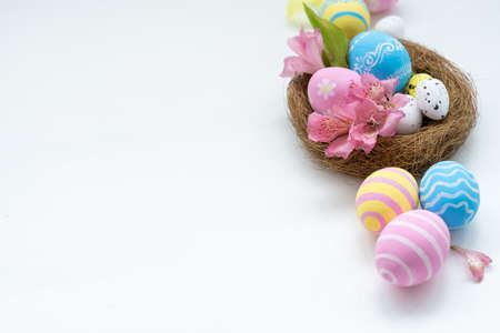 Easter background. Natural ornament. Festive handmade decoration. Greeting card. Pastel color pink blue painted eggs modern pattern flowers in nest isolated on white empty space.の写真素材
