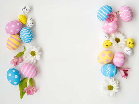 Easter background. Holiday frame. Floral festive ornament. Greeting card. Pastel color blue pink...