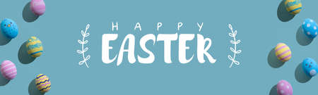 Happy Easter. Festive banner. Spring holiday congratulation. White greeting words in colorful frame...
