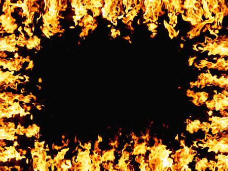 Flame background. Hot frame. Inferno energy. Bright orange yellow wildfire heat glow with spark...