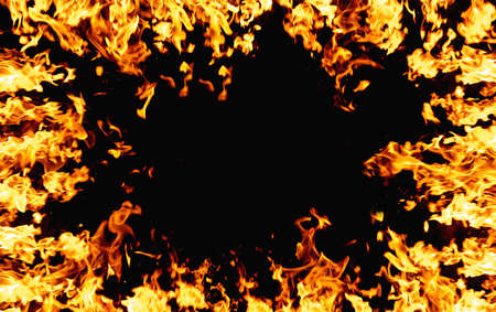 Burning banner. Hot frame. Explosion heat. Bright orange yellow fire flame design isolated on black...