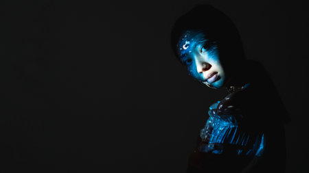 Art portrait. Soul purity. Water energy. Spiritual chakra. Blue color mystic Asian woman face silhouette with abstract pattern light isolated on black copy space background.の写真素材