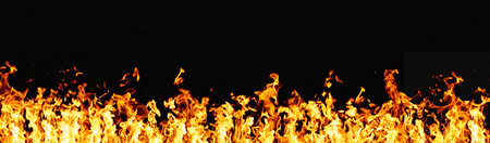 Hot banner. Fire flame texture. BBQ heat. Bright orange yellow warm grill fireplace with sparks...